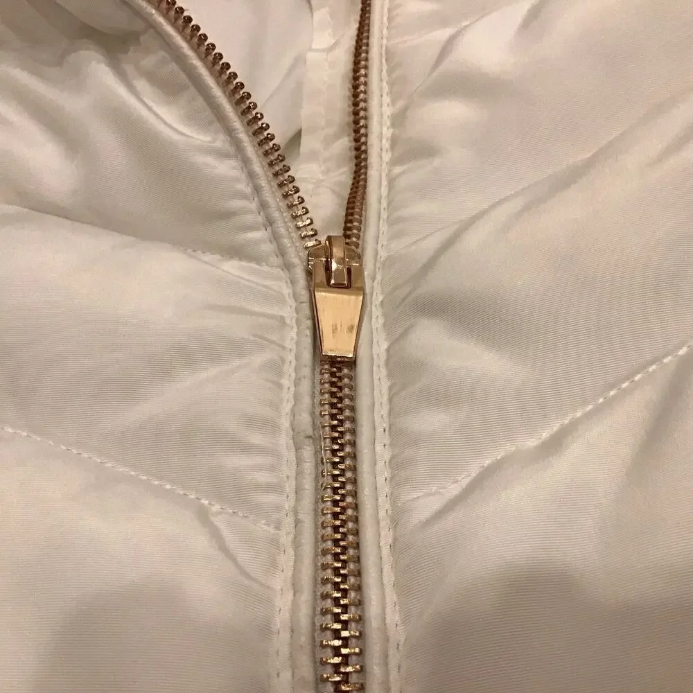 Zara Basic White Winter Coat Full Zip Women Sz M Rose Gold Tone W/Hide Away Hood